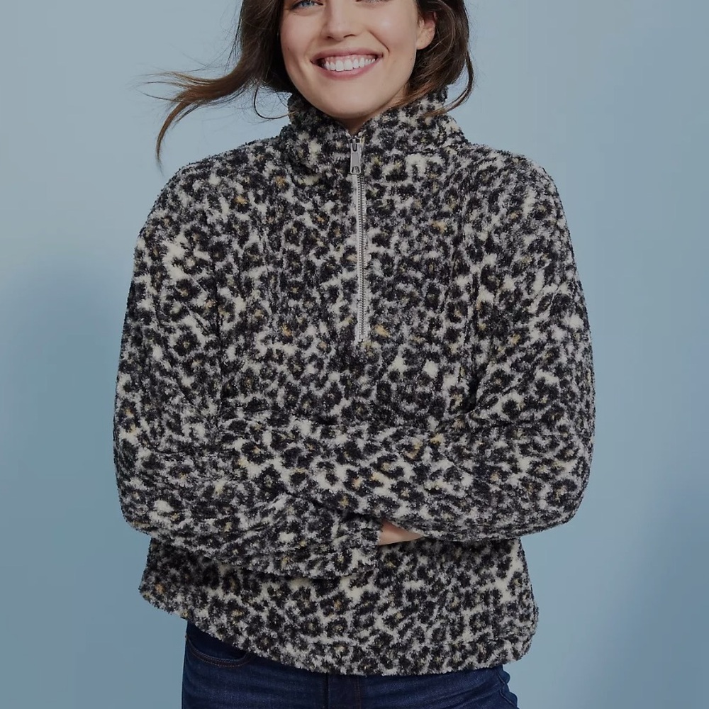 NWT LOFT Leopard Print Sherpa Half-Zip Pullover S